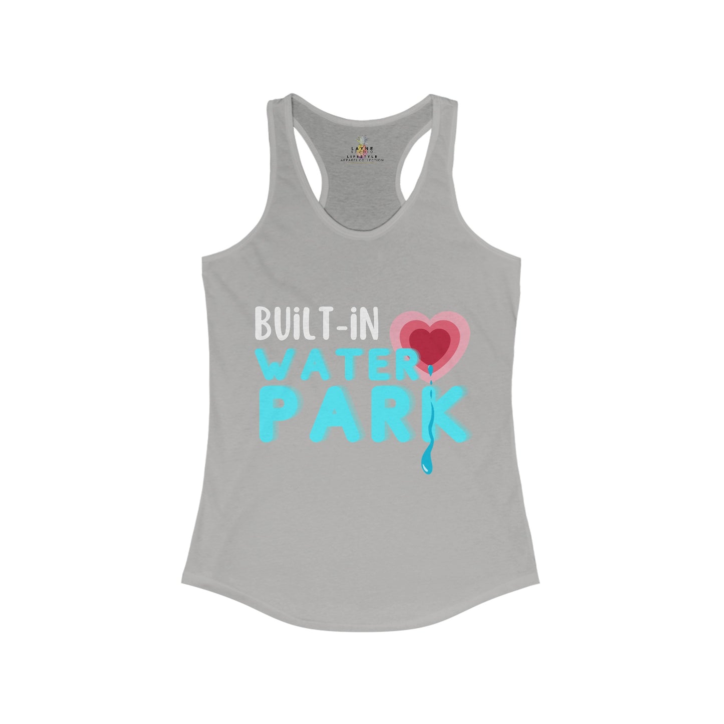 Front View of Layne Studios "Built-In Water Park" Graphic Heather Gray Racerback Tank-Top