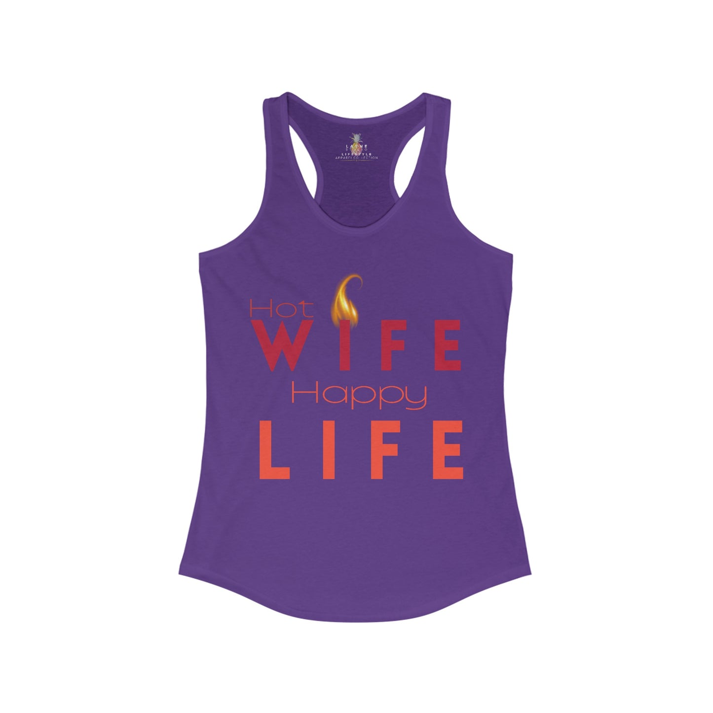 Front View of Layne Studios "Hot Wife Happy Life" Graphic Solid Purple Rush Racerback Tank-Top