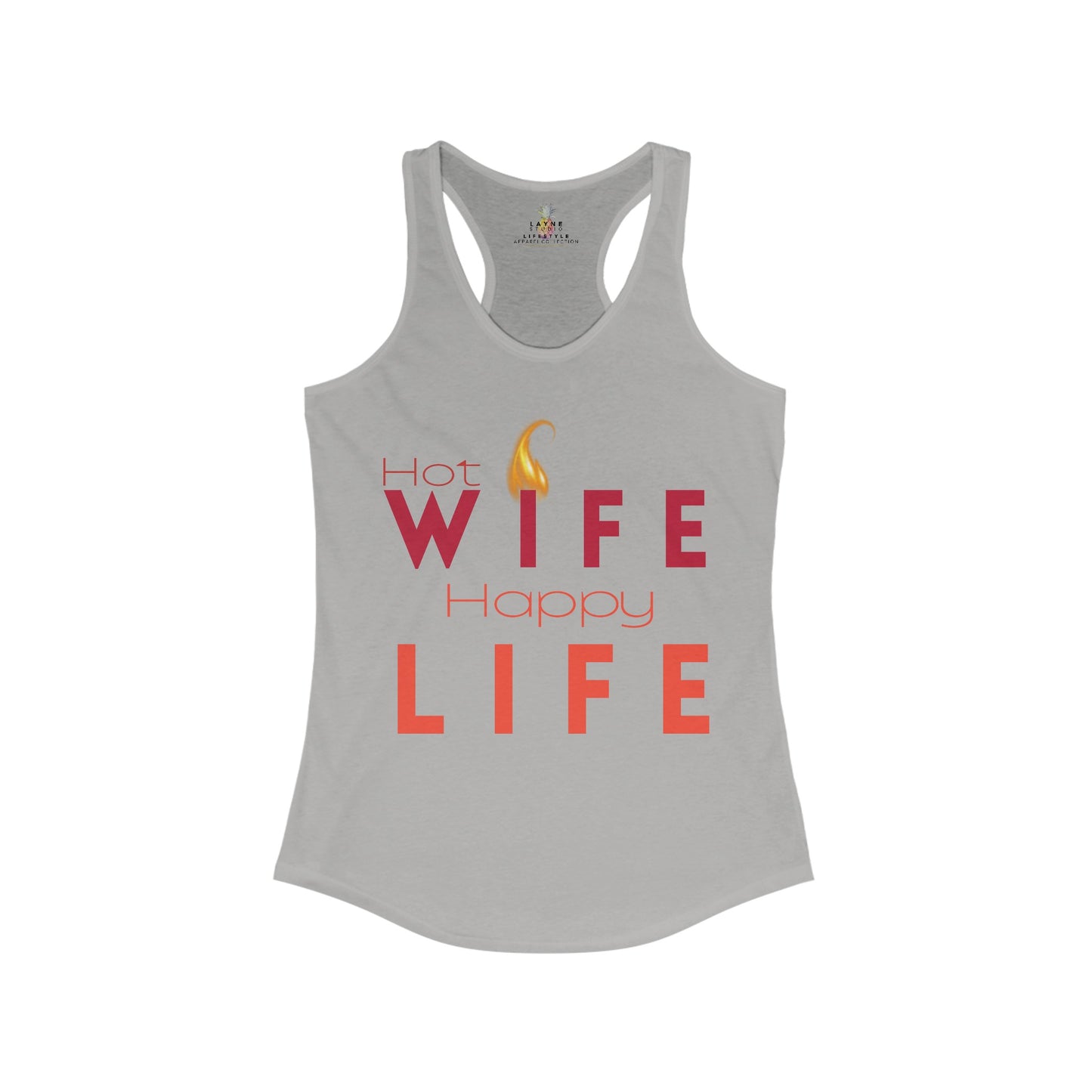 Front View of Layne Studios "Hot Wife Happy Life" Graphic Heather Gray Racerback Tank-Top