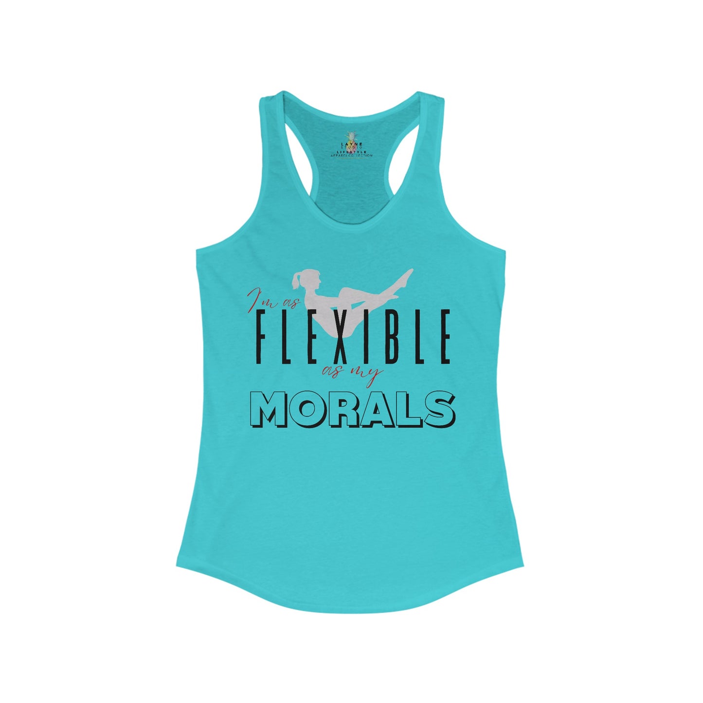 Front View of Lane Studio I'm As Flexible As My Morals Graphic Solid Tahiti Blue Racerback Tank-Top