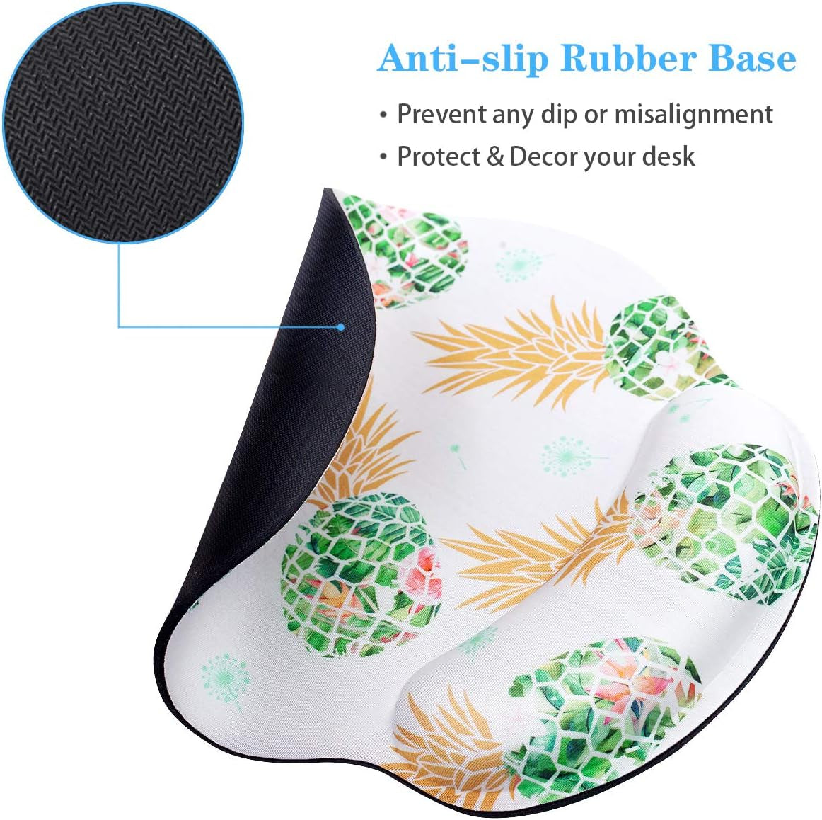 Pineapple Mouse Pad with Wrist Support, Cute Designed Mouse Mat with Wrist Rest for Women Girls, Comfortable Non-Slip Rubber Base Mousepad for Laptop, Computer, 9'' X 10'', Green Pineapple