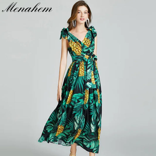 Bohemian Summer Pineapple Print Sleeveless Maxi Dress
