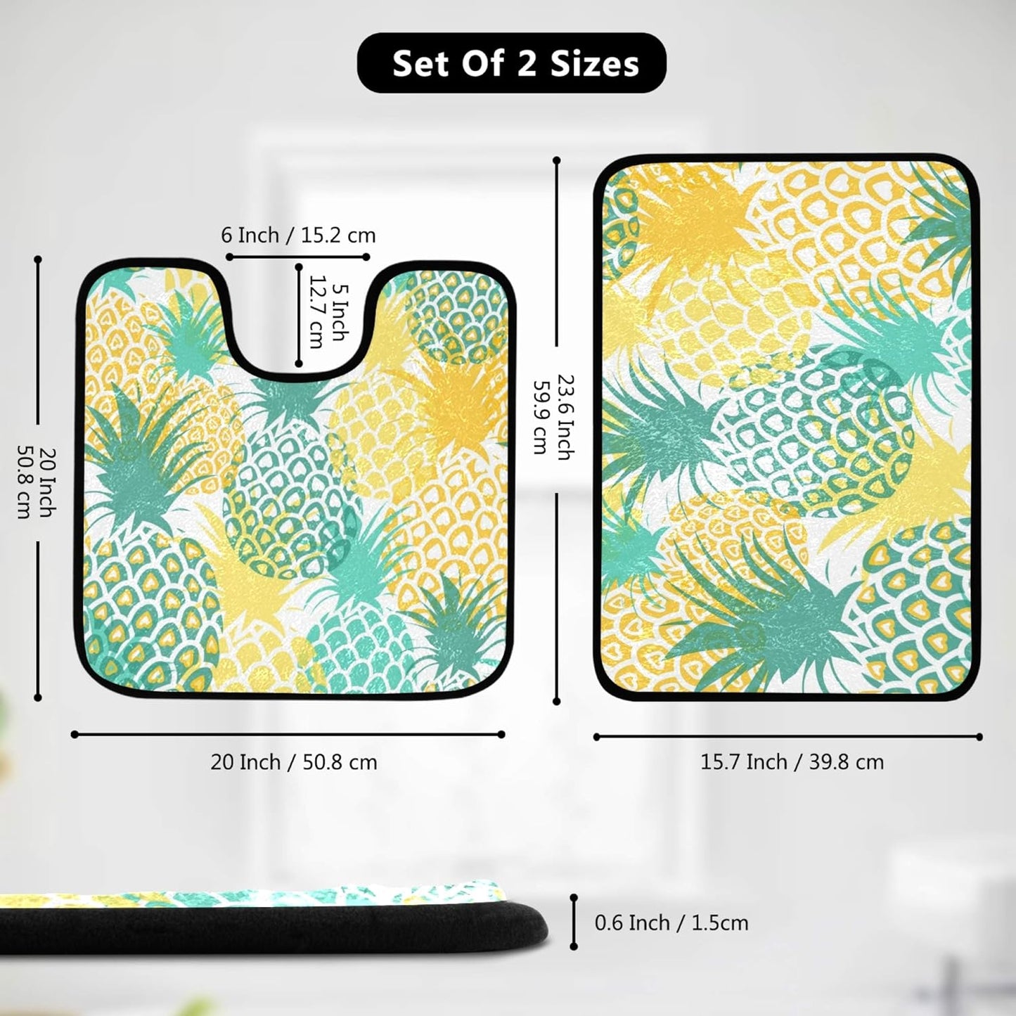 Pineapple Watercolor Non-Slip Bathroom Rugs 2 Piece Set