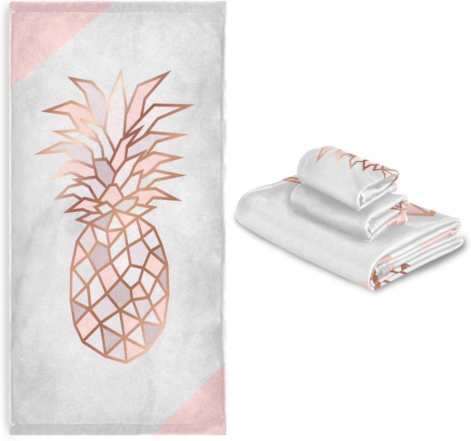 Rose Gold Pineapple on Pink and White Marble 3-Piece Bath Towel Set