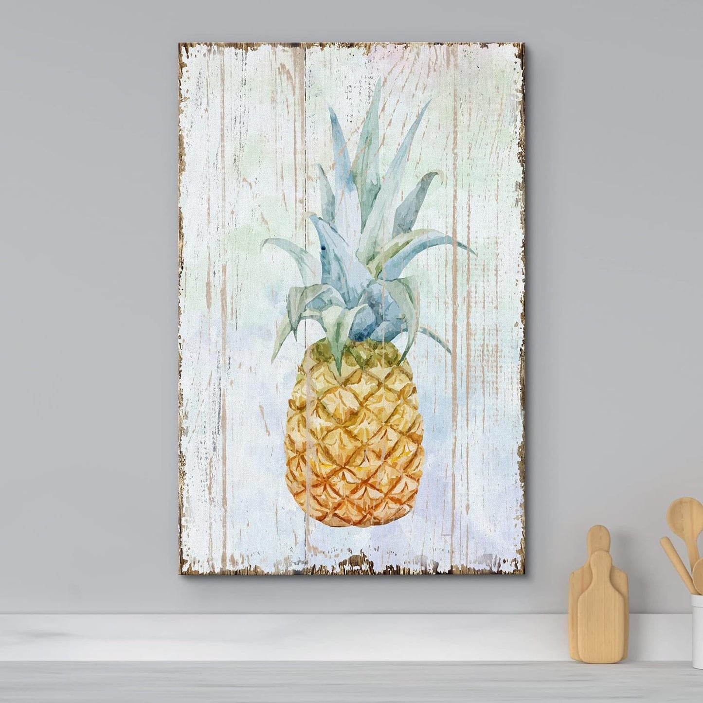- Canvas Wall Art - Pineapple on Wood Style Background - Giclee Print Gallery Wrap Modern Home Art | Ready to Hang - 16X24 Inches