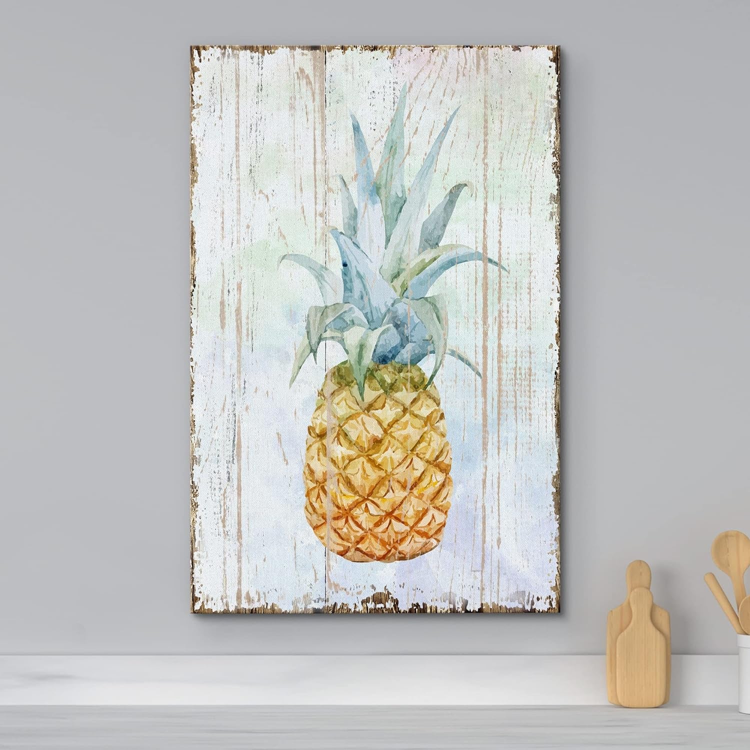 - Canvas Wall Art - Pineapple on Wood Style Background - Giclee Print Gallery Wrap Modern Home Art | Ready to Hang - 16X24 Inches