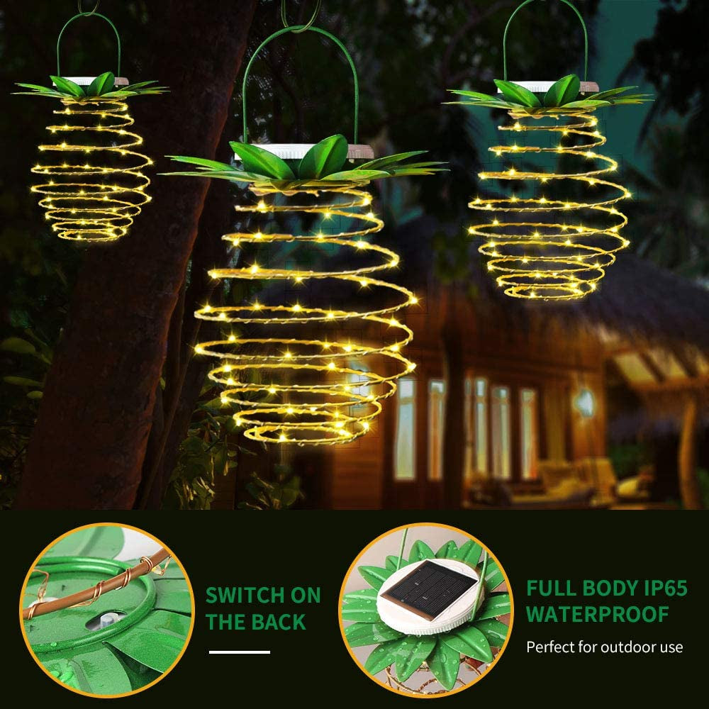 2 Pack 60LEDS Pineapple Solar Lights Outdoor Solar Lights Hanging Solar Lantern with Handle, Solar Powered Garden Outdoor Decorative Pineapple Lights for Patio Yard Porch Path (Warm White)