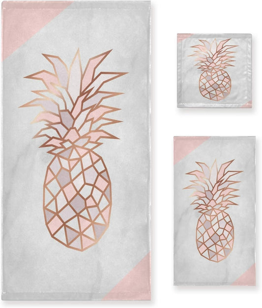 Rose Gold Pineapple on Pink and White Marble 3-Piece Bath Towel Set