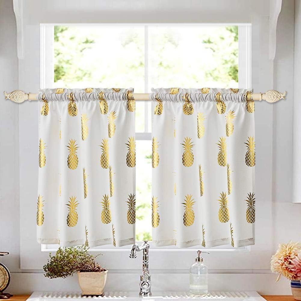Kitchen Curtains 24 Inch Tier Curtains for Living Room Pineapple Cafe Curtains for Bathroom Metallic Print Golden Pineapple Short Window Curtain Set, Rod Pocket 2 Panels