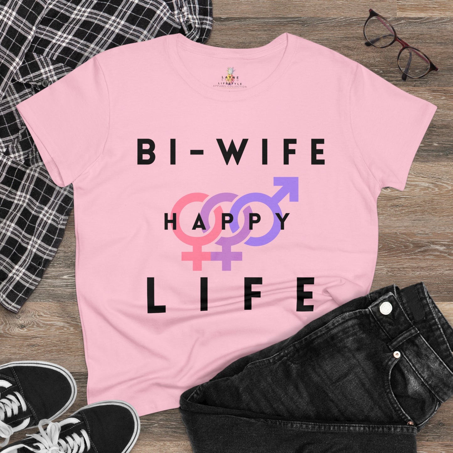 "Bi-Wife Happy Life" Graphic Women's Midweight Cotton Tee