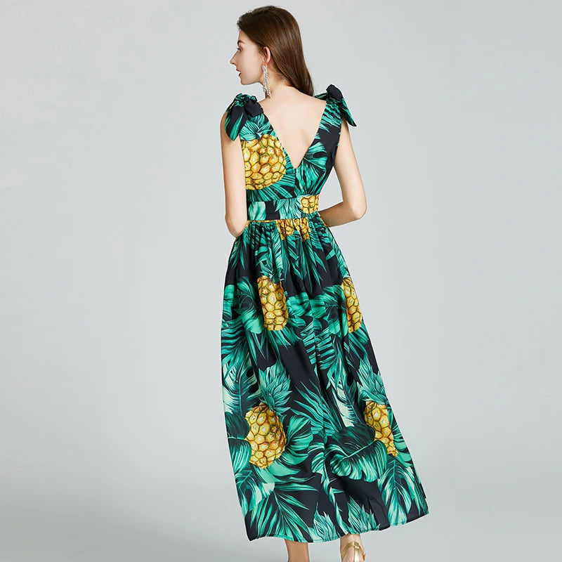 Bohemian Summer Pineapple Print Sleeveless Maxi Dress