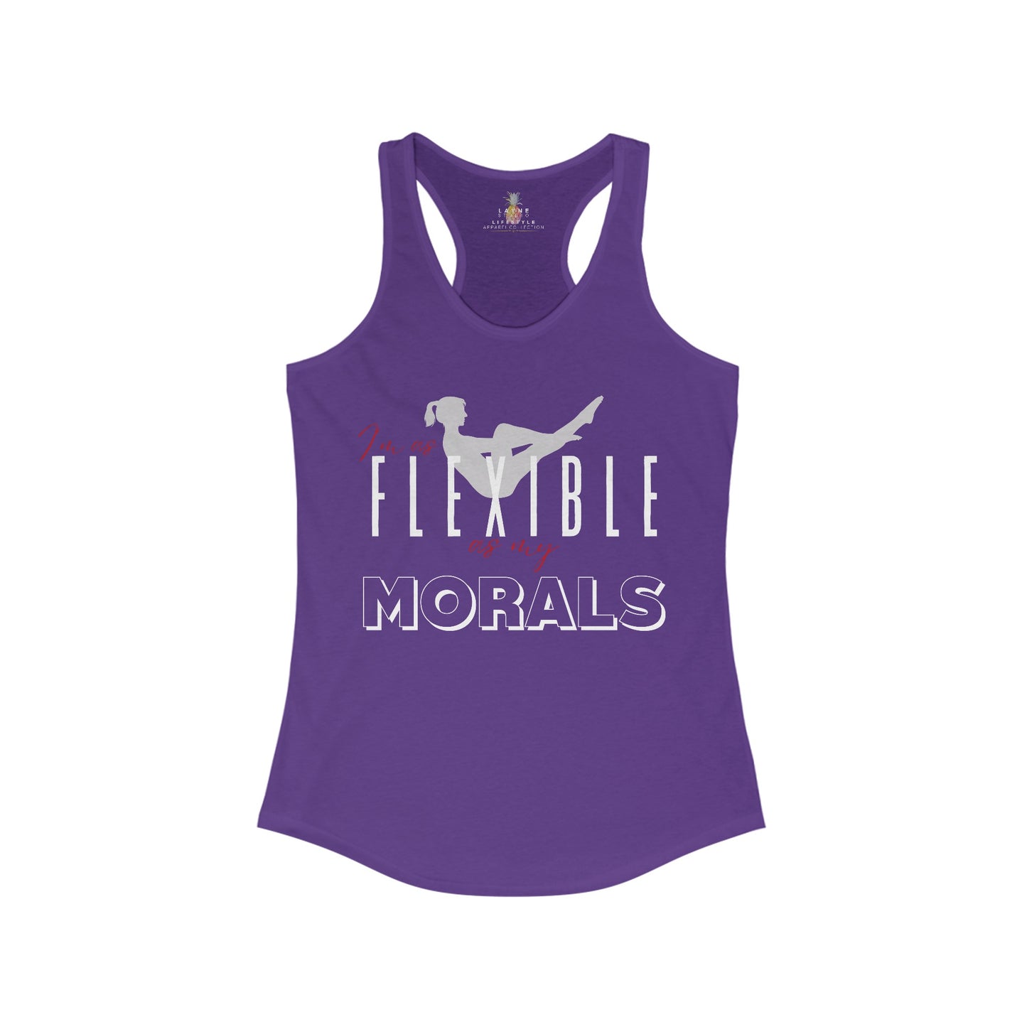 Front View of Lane Studio I'm As Flexible As My Morals Graphic Solid Purple Rush Racerback Tank-Top