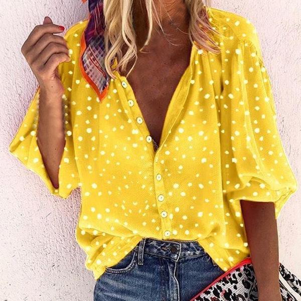 Women's Pineapple Print Long-Sleeved V-Neck Button Shirt