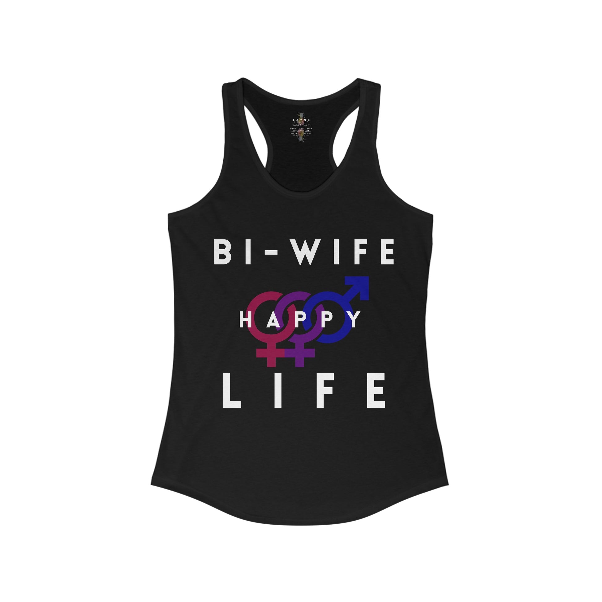Front View of Layne Studios "Bi-Wife Happy Life" Graphic Solid Black Tank-Top