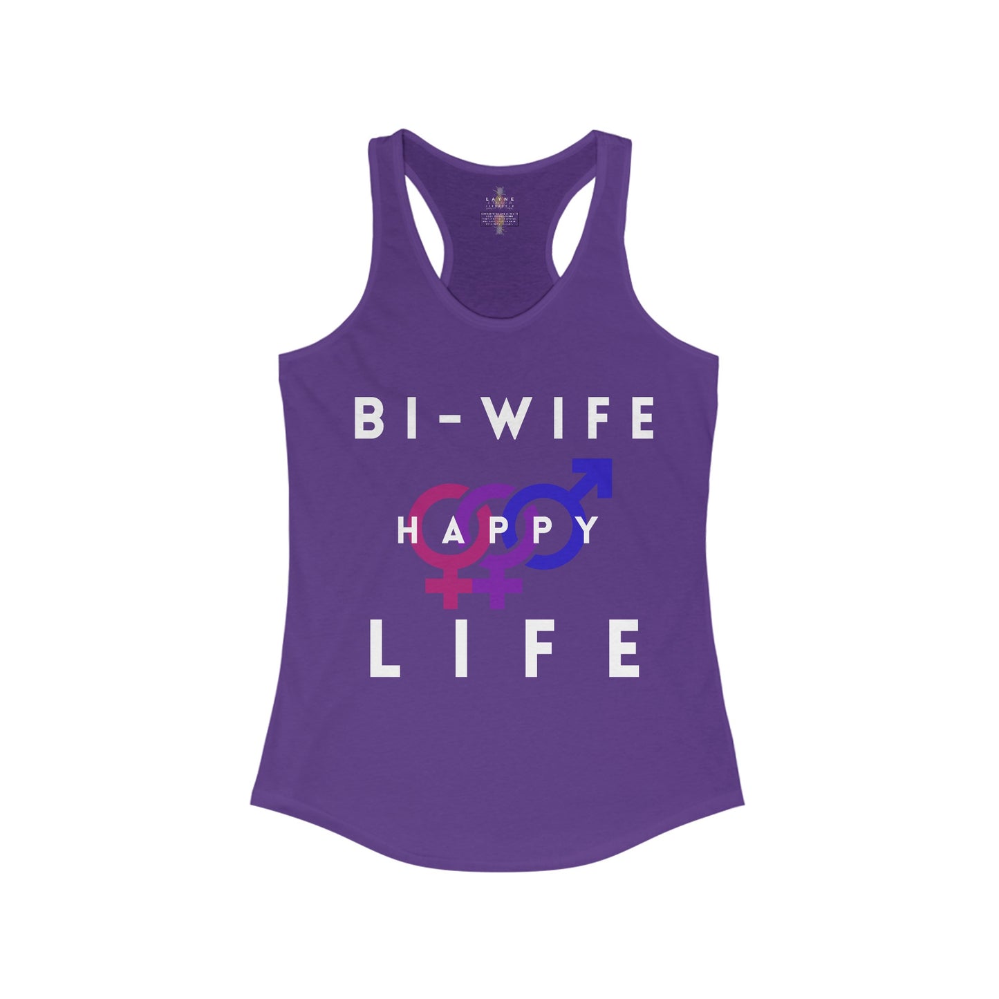 Front View of Layne Studios "Bi-Wife Happy Life" Graphic Solid Purple Rush Tank-Top