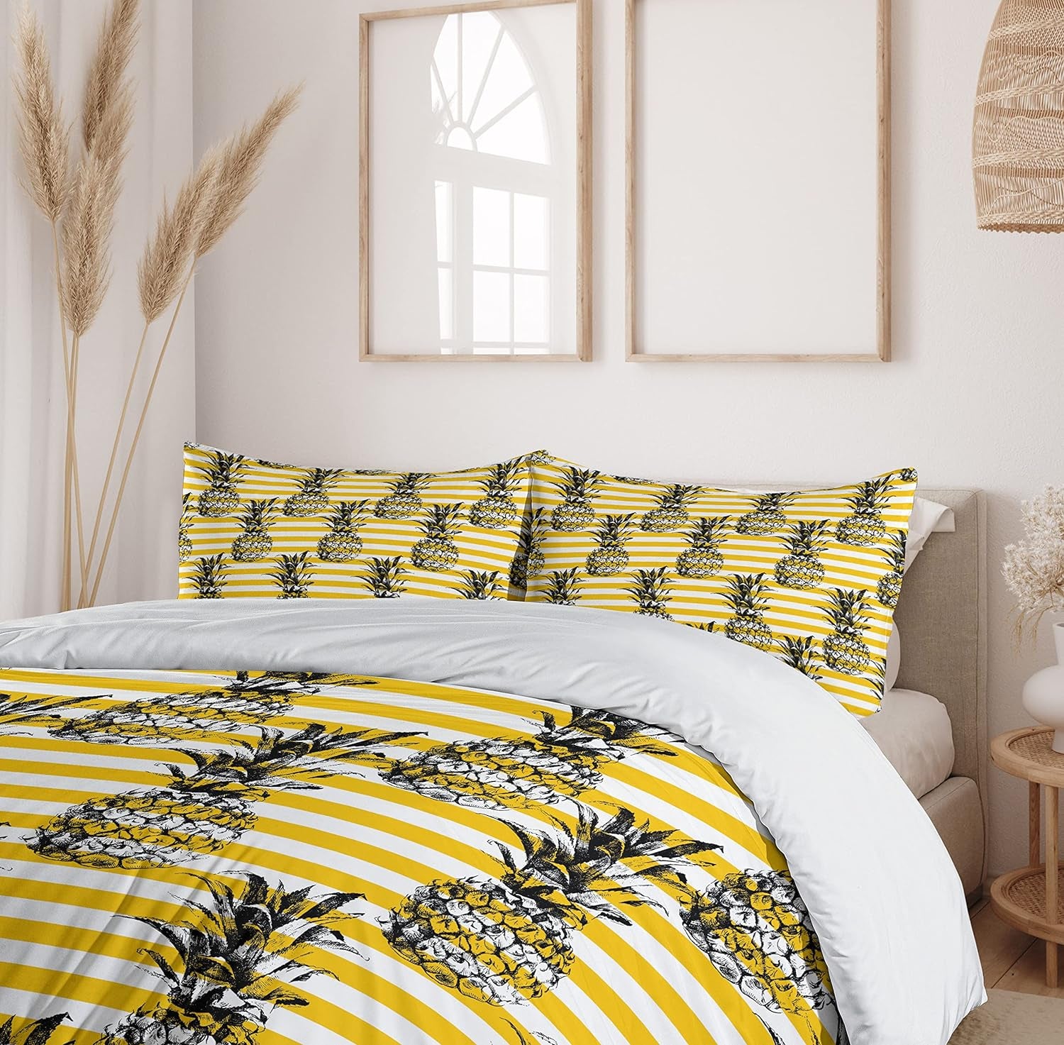 Decorative Retro Striped Background with Pineapple Vintage Hippie Graphic 3 Piece Bedding Set with 2 Pillow Shams, Duvet Cover Set Queen Size, Yellow Black