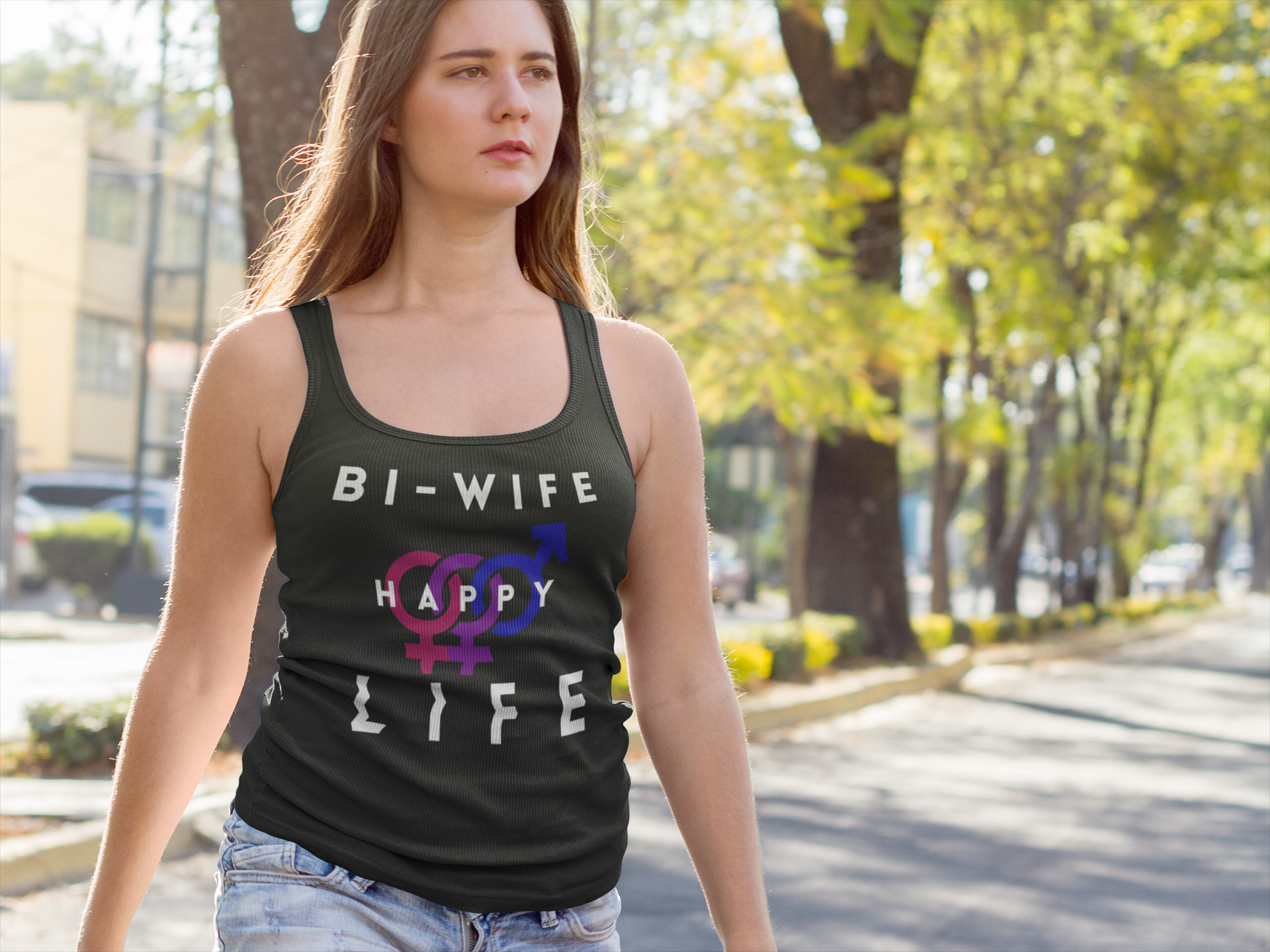 Attractive White Woman wearing Layne Studios "Bi-Wife Happy Life" Graphic Solid Black Tank-Top