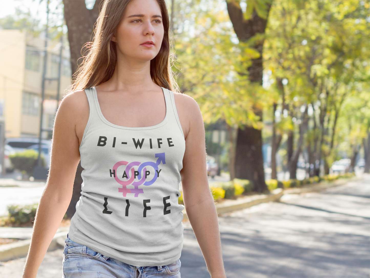 Attractive White Woman wearing Layne Studios "Bi-Wife Happy Life" Graphic Solid White Tank-Top