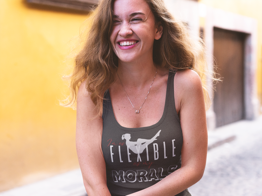 Laughing Female wearing Lane Studio I'm As Flexible As My Morals Graphic Solid Black Racerback Tank-Top