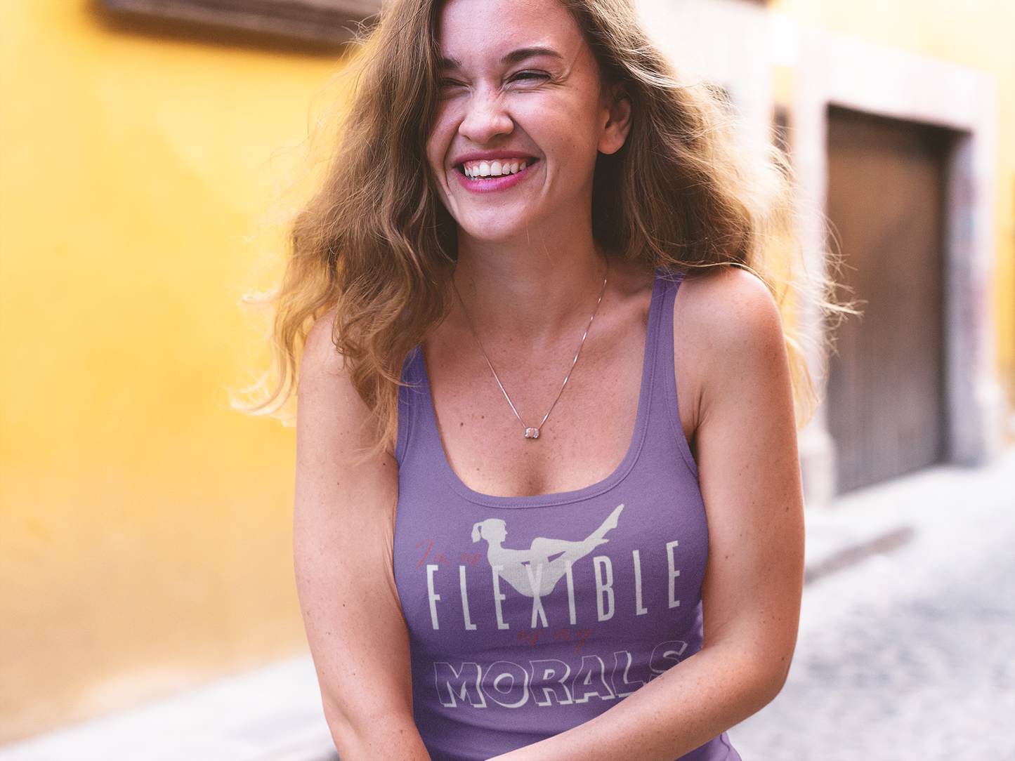 Laughing Female wearing Lane Studio I'm As Flexible As My Morals Graphic Solid Purple Rush Racerback Tank-Top