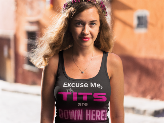 Female with Long Hair wearing Layne Studios "Excuse Me, My Tits Are Down Here!" Graphic Solid Black Racerback Tank-Top