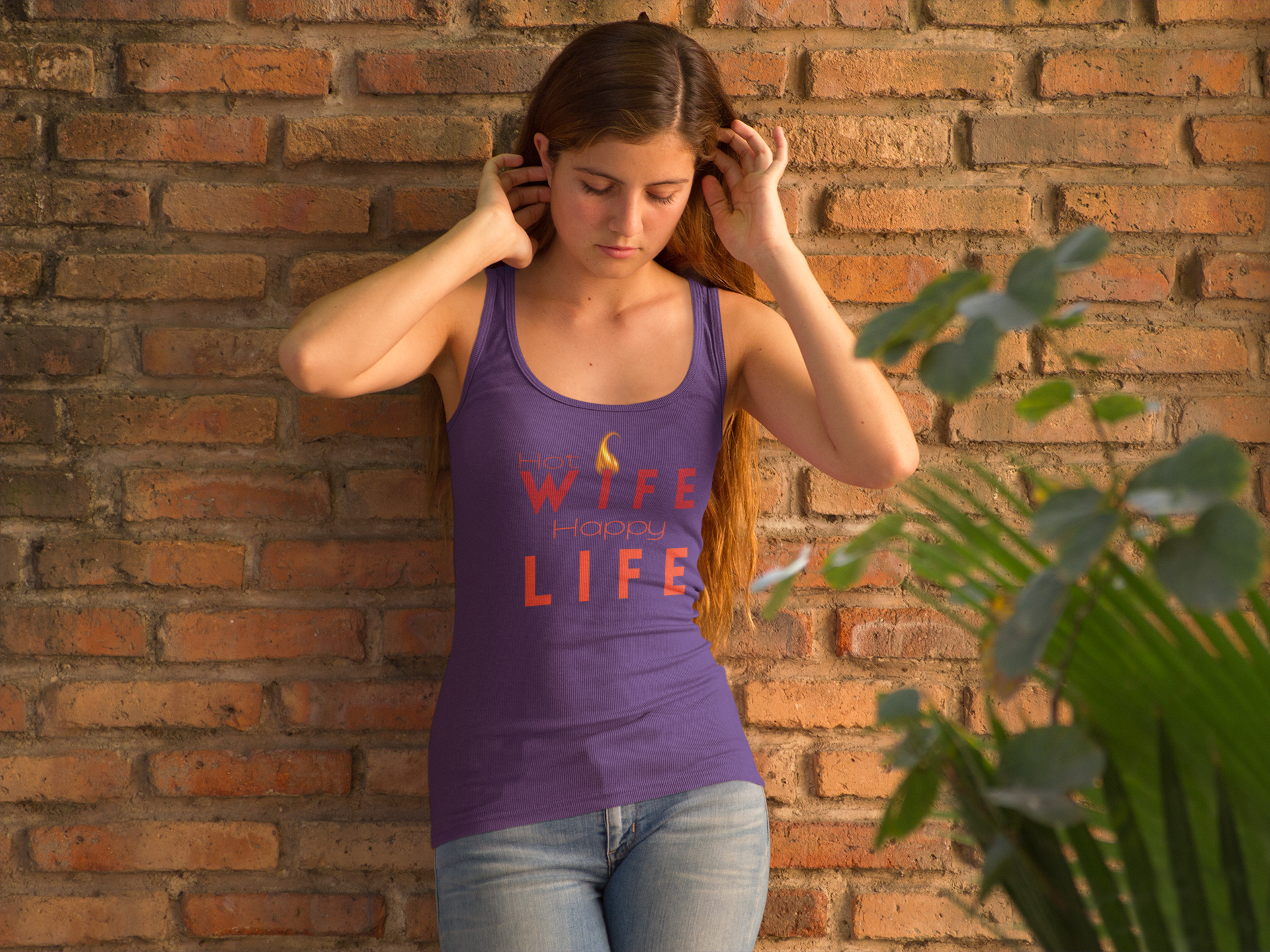 Young Female with Layne Studios "Hot Wife Happy Life" Graphic Solid Purple Rush Racerback Tank-Top