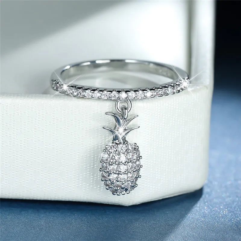 Female Luxury Crystal Stone Ring Fashion Gold Silver Color Engagement Ring Cute Fruit Pineapple Pendant Rings for Women Jewelry