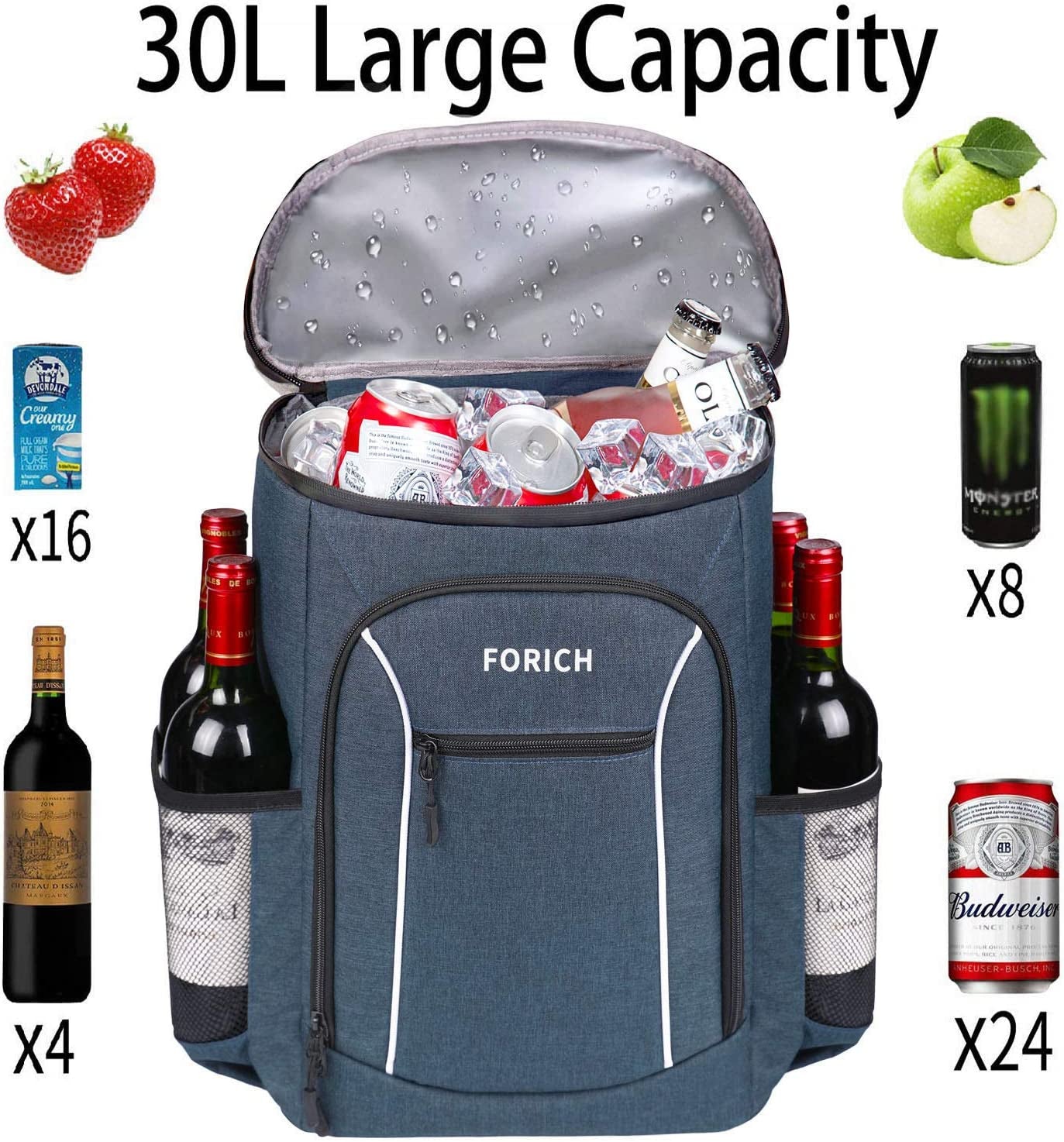 Lightweight Insulated Backpack Soft Cooler Bag, HOLDS 30 CANS and 2 WINE BOTTLES!