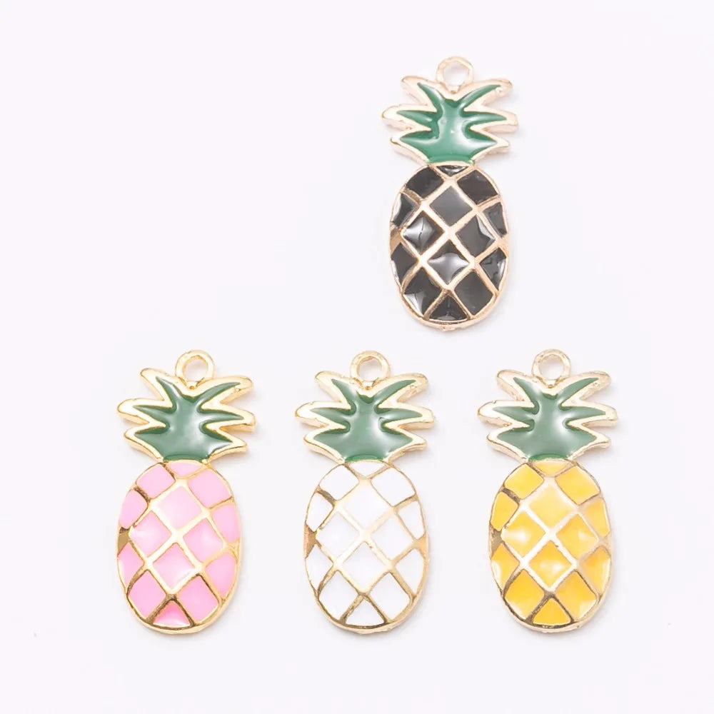 DIY Gold Alloy Enamel Pineapple Charms for Bracelet, Metal Pineapple Fruit Pendants Dangle Jewelry Making Findings Components