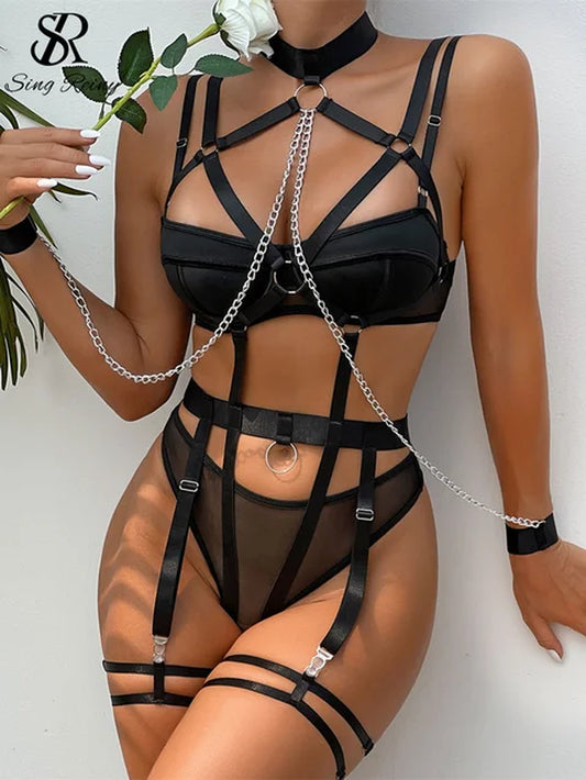 SINGREINY Choker Chain Sexy Underwear Sets Women Hollow Out Backless Strap Bra+Thongs Tie up Cosplay Sensual Erotic Lingerie