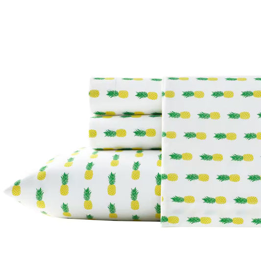 Pineapples 3-Piece Yellow and Green Graphic 200-Thread Count Cotton Percale Twin XL Sheet Set